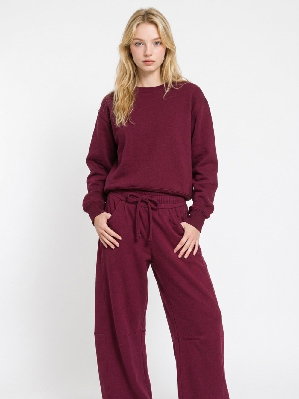 NWT Zenana Wide Leg Barrel Sweatpants in Dark Burgundy - Picture 3 of 3
